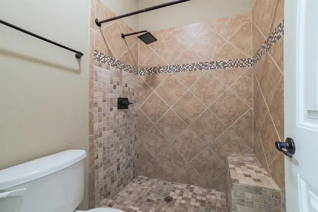 a bathroom with a shower toilet and sink