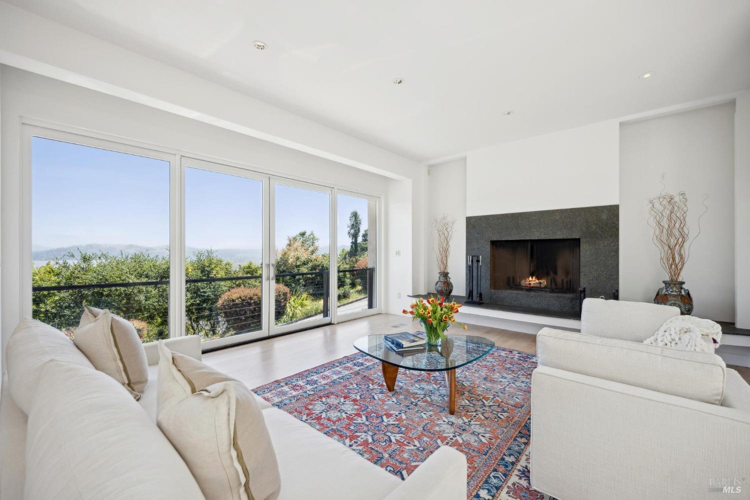 a living room with furniture a fireplace and a floor to ceiling window