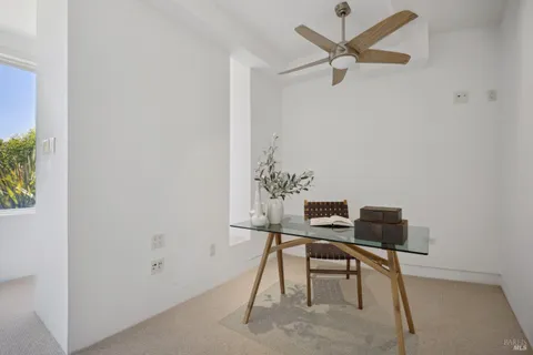 a workspace with furniture and a potted plant