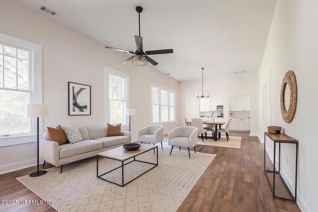 a living room with furniture a rug potted plant and a window