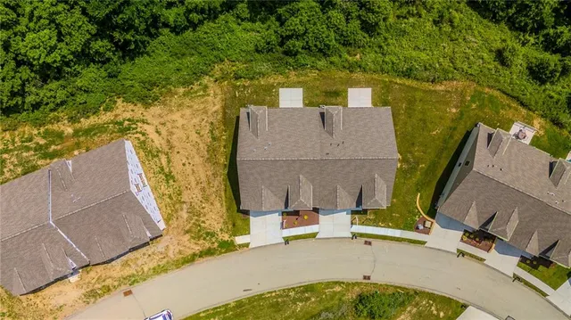an aerial view of a house with swimming pool and large trees