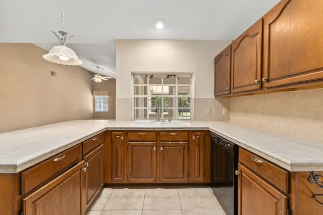 a kitchen with a sink and dishwasher with wooden cabinet