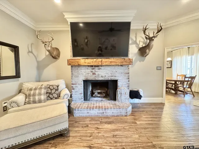 a living room with furniture and a fireplace