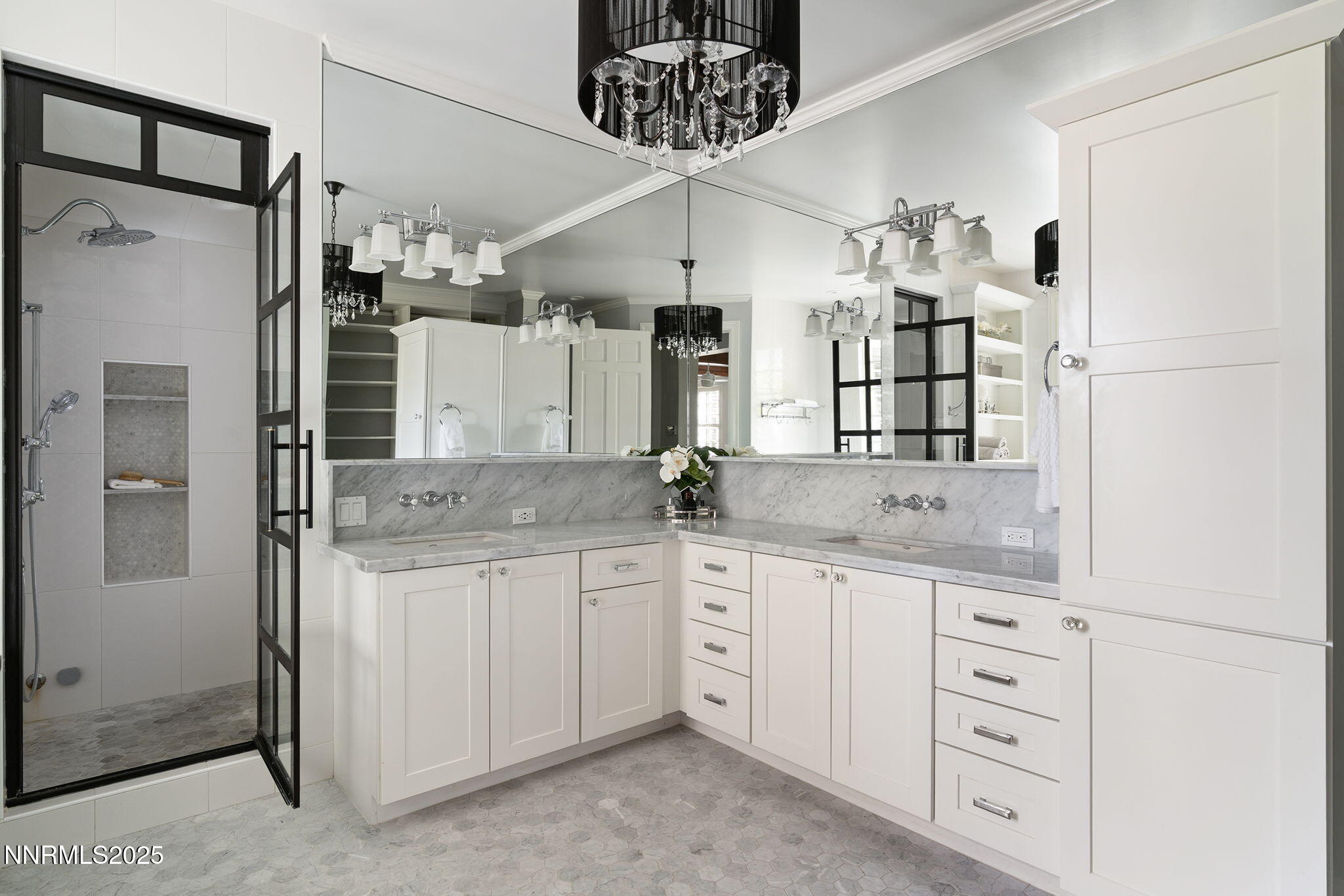 144 Greenridge Drive Reno, NV 89509 - Photo 32 of 71 a bathroom with a granite countertop sink a mirror and a shower