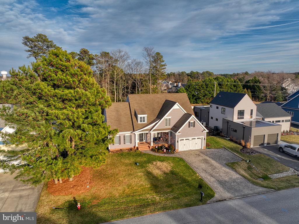 Aerial view of home's front exterior.