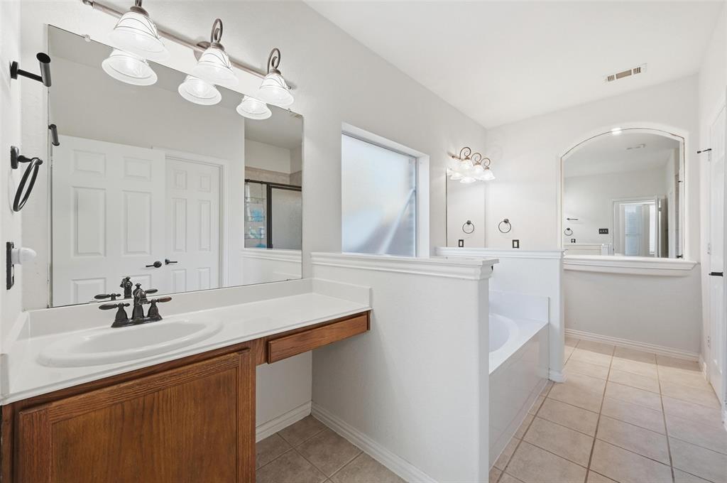 2319 Goshawk Street Grand Prairie, TX 75052 - Photo 18 of 40 a bathroom with a sink a vanity and a mirror