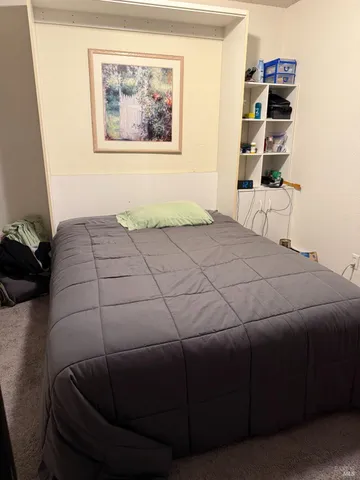 a bedroom with a bed and cabinets