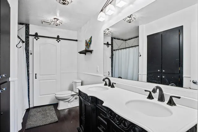 a bathroom with a double vanity sink mirror and toilet