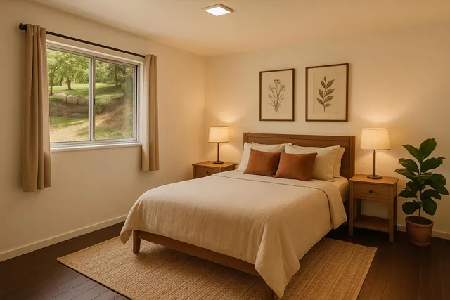 a large bed sitting in a bedroom next to a window