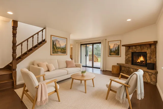 a living room with furniture and a fireplace