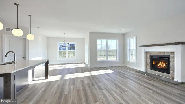 a view of empty room with wooden floor and fireplace
