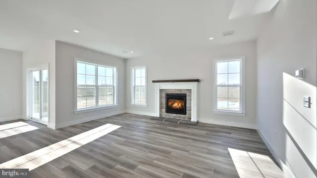 a view of empty room with wooden floor and fireplace