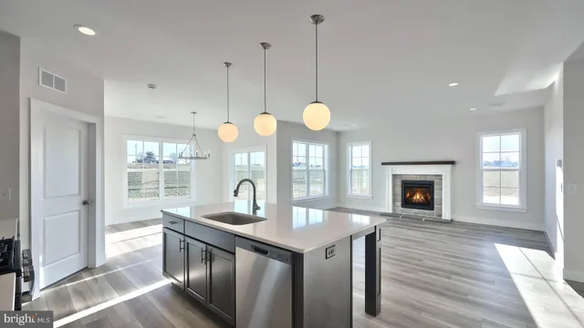 a kitchen with stainless steel appliances granite countertop a stove a sink and a wooden floor