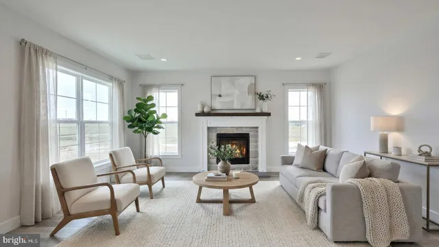 a living room with furniture two windows and a fireplace
