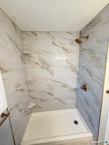 a bathroom with a shower and a bath tub
