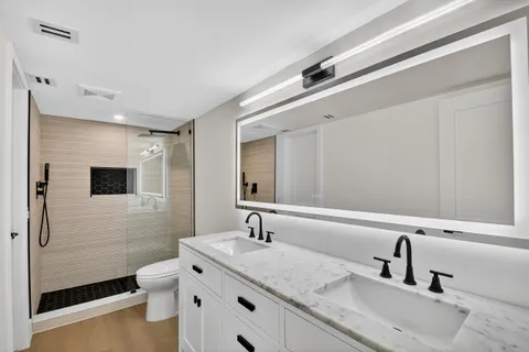 a bathroom with a granite countertop sink a mirror and shower