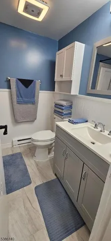 a bathroom with a sink toilet and mirror