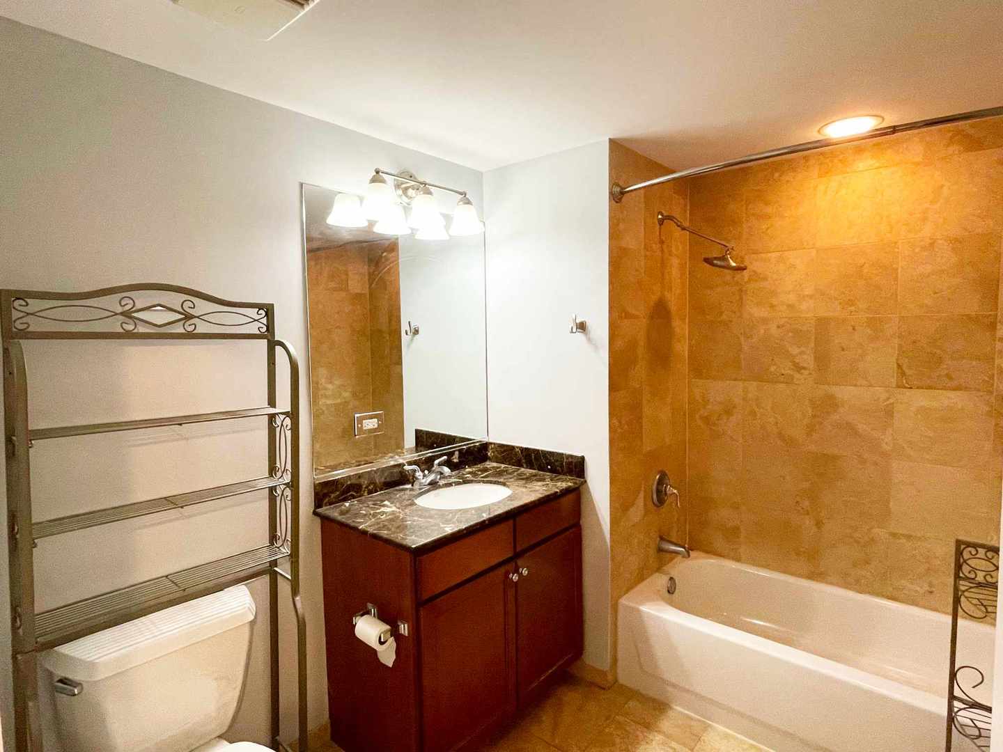 1070 West 15th Street, Unit 102 Chicago, IL 60608 - Photo 15 of 20 a bathroom with a granite countertop sink toilet and shower