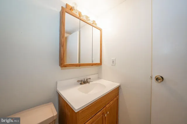 a bathroom with a sink vanity and a mirror