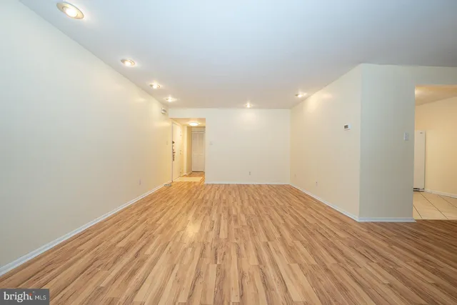 a view of empty room with wooden floor