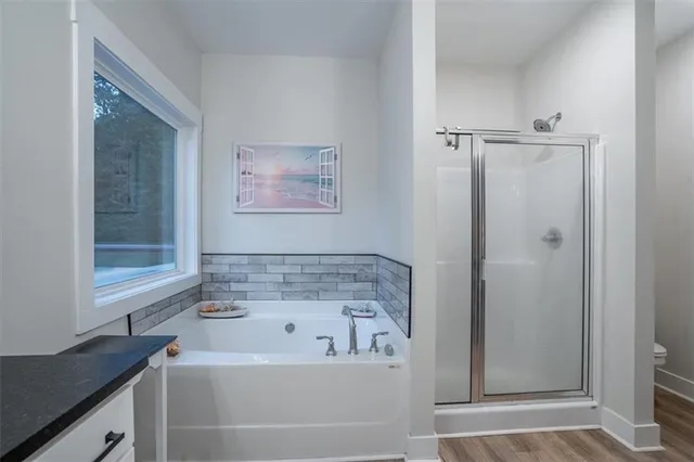 a bathroom with a bathtub and a shower