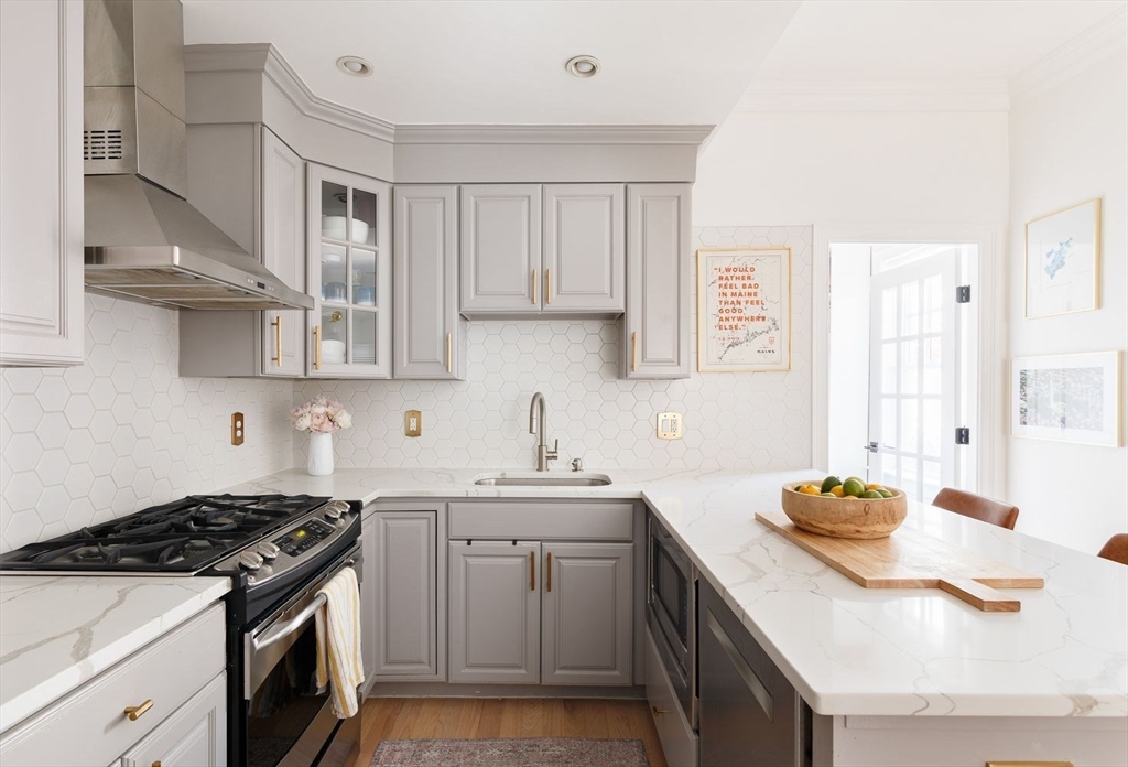 20 Mystic Street, Unit 2 Boston, MA 02129 - Photo 3 of 15 a kitchen with stainless steel appliances a sink stove and cabinets