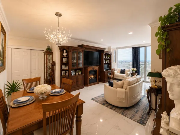 a living room with furniture and a chandelier
