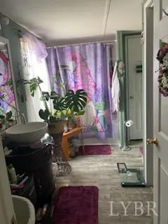 a bathroom with a granite countertop sink a potted plant and a shower