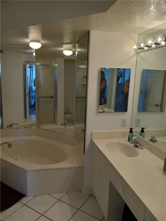 a bathroom with a tub sink and mirror
