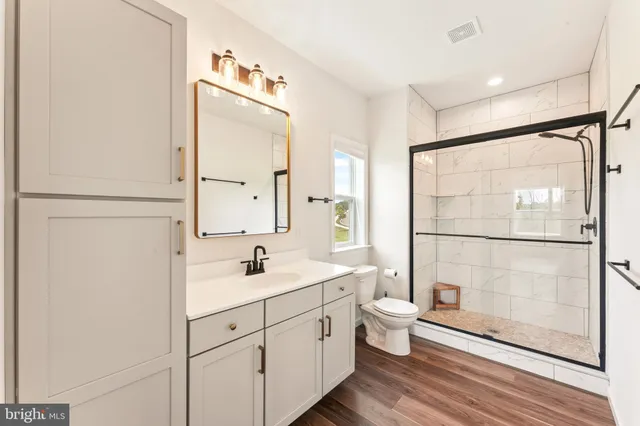 a bathroom with a double vanity sink mirror and toilet