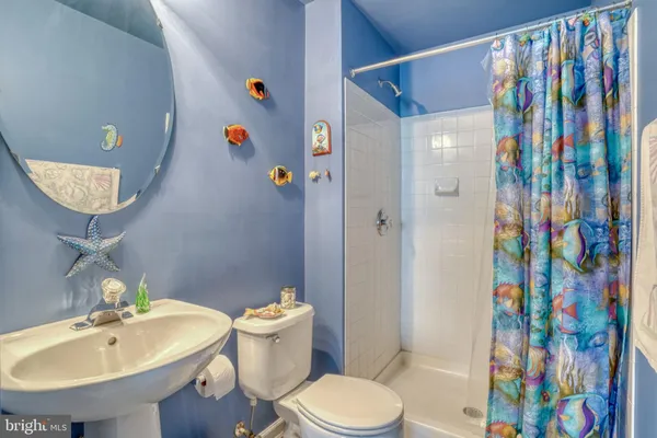 a bathroom with a sink toilet and shower curtain