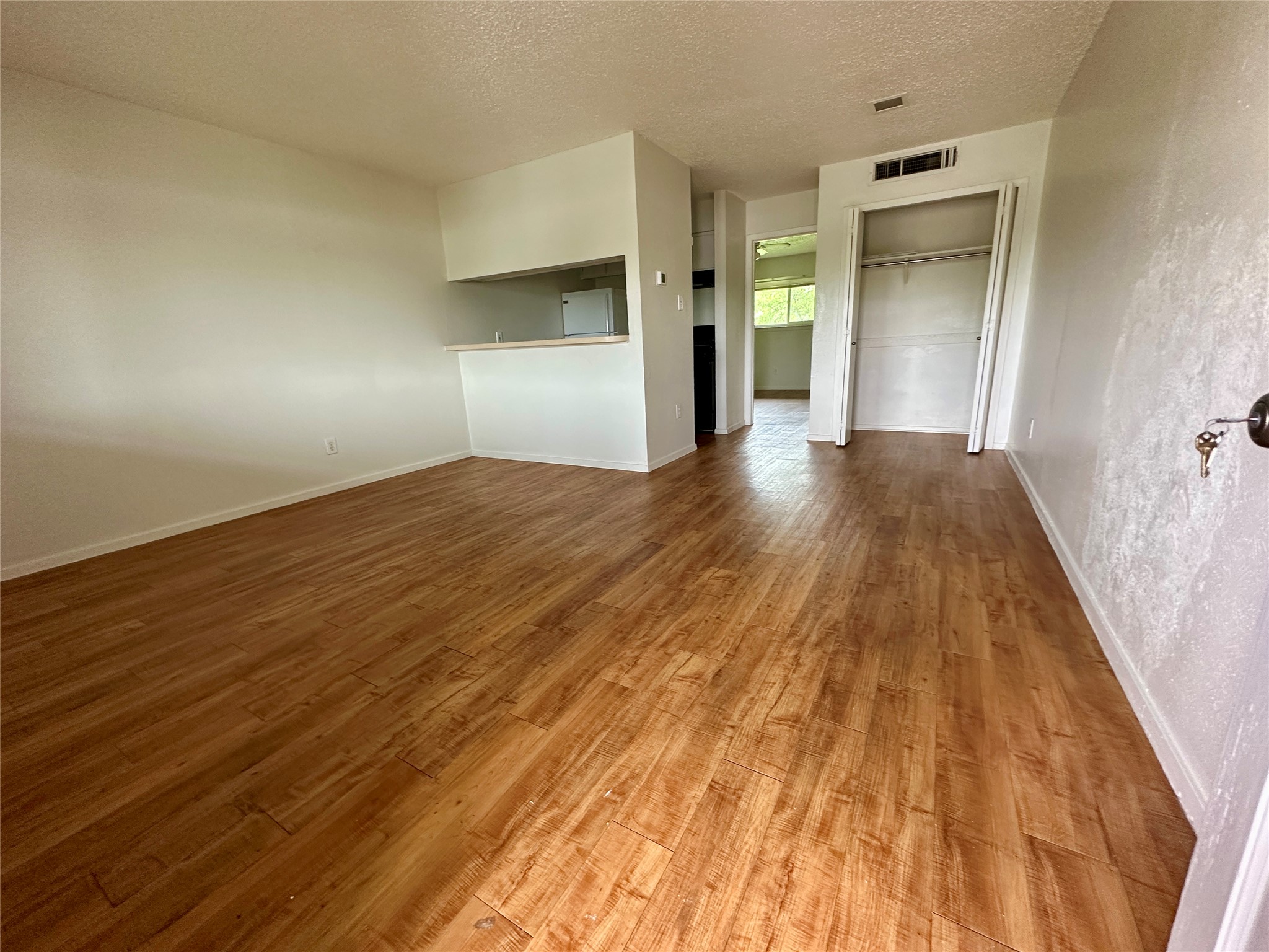The living area features wood-look flooring and a pass-through window to the kitchen area