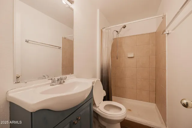 a bathroom with a sink toilet and shower