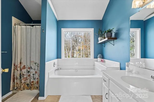 a bathroom with a bathtub and a shower