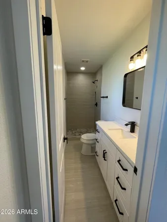 a bathroom with a double vanity sink toilet and shower