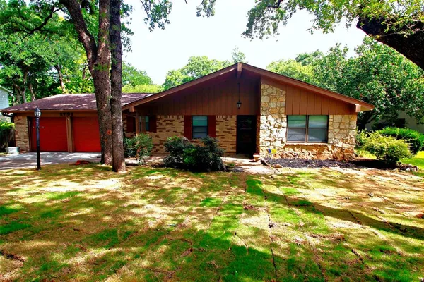 a backyard of a house with plants and large tree