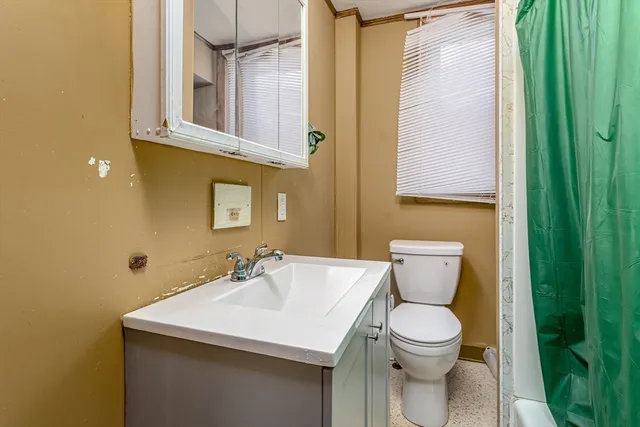 a bathroom with a sink a toilet and mirror