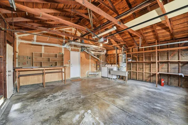 a view of a room with wooden racks