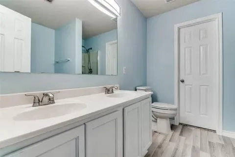 a bathroom with a sink a toilet and a mirror