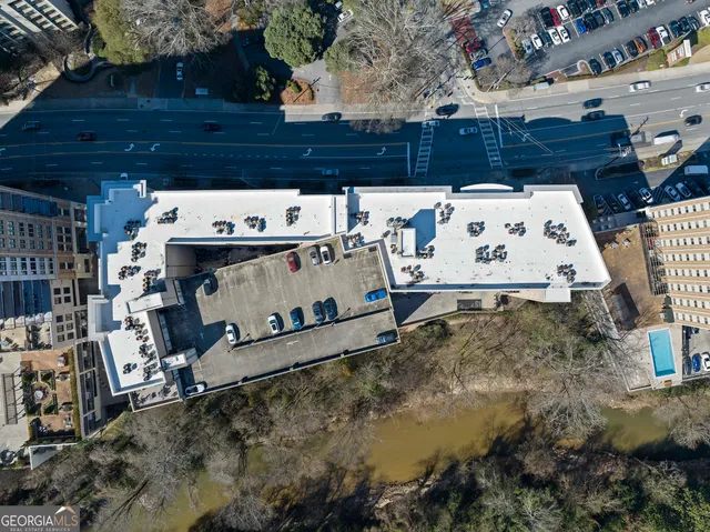 an aerial view of a house with garden