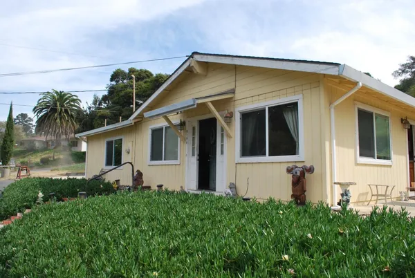 a view of a house with many windows and plants