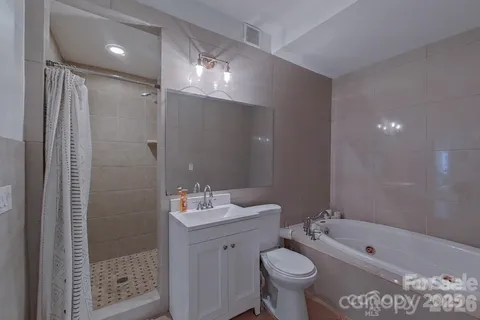 a bathroom with a bathtub shower sink vanity and toilet