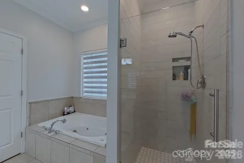 a bathroom with a bathtub and a shower