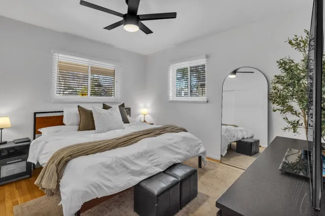 a workspace with furniture and wooden floor