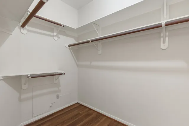 a view of a backyard with large trees and wooden fence