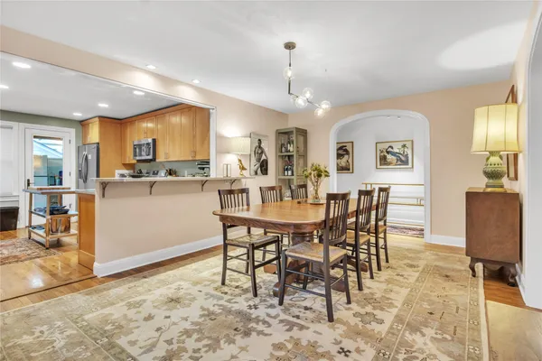 a view of a dining room with furniture
