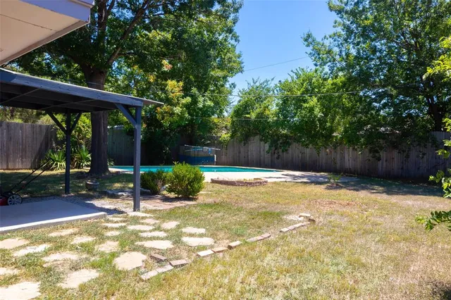 a view of a backyard with large trees and plants