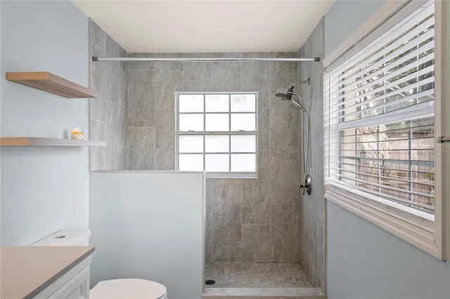 a bathroom with a shower a toilet and a window