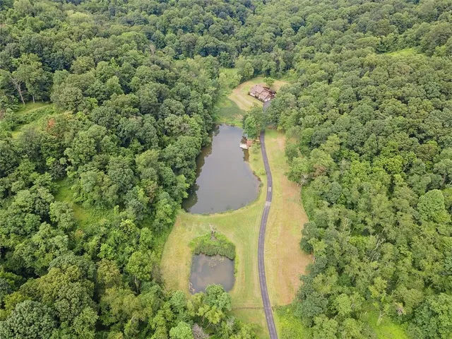 a bird view of a house with a yard and trees