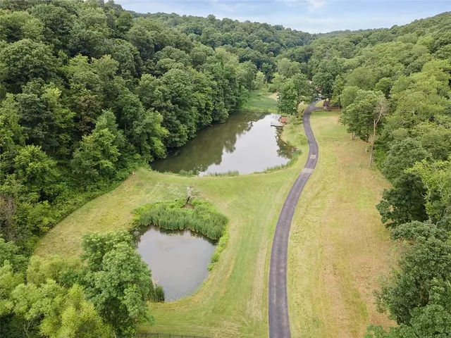 a aerial view of a house with a yard and large trees